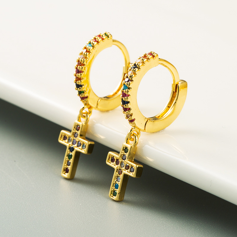 New Personality Cross Earrings  Gold Plated With Color Zircon  Earrings Wholesale display picture 2