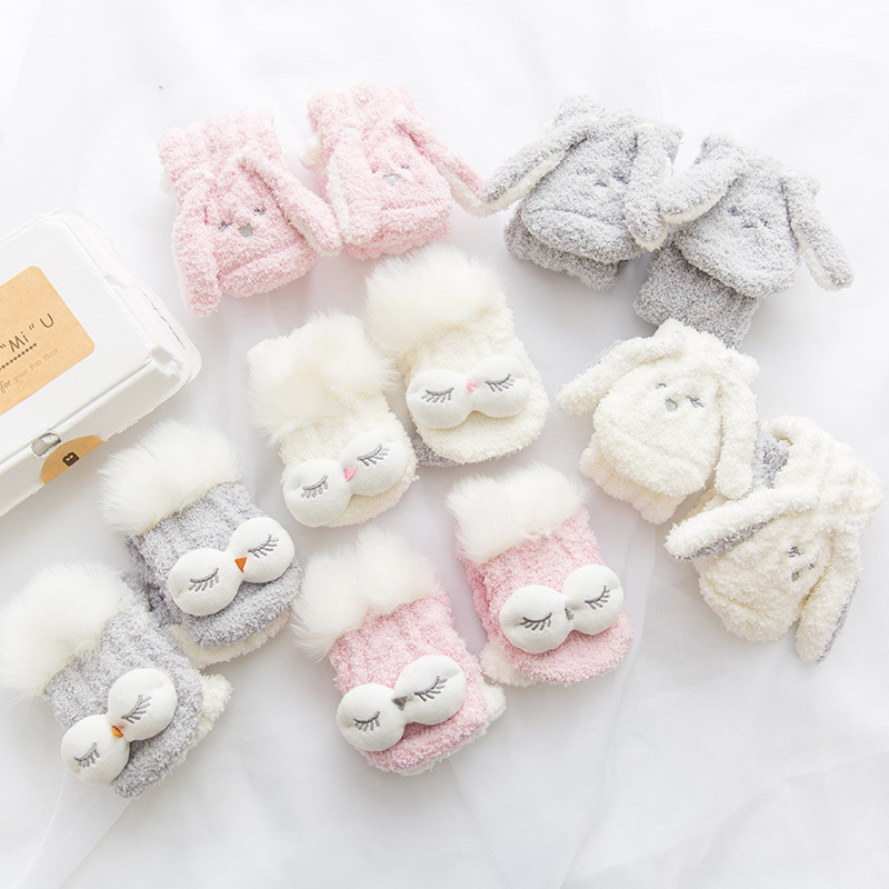 立体兔子猫头鹰硅胶防滑女中筒袜珊瑚绒居家睡眠袜半边绒地板袜子|ms