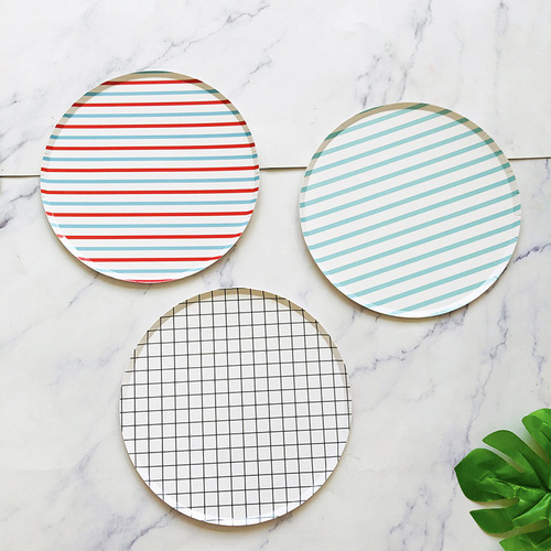 New Style Flat Striped Pizza Plate with Irregular Moon Shape, Disposable Tableware Set for Cakes, Small and Large Plates