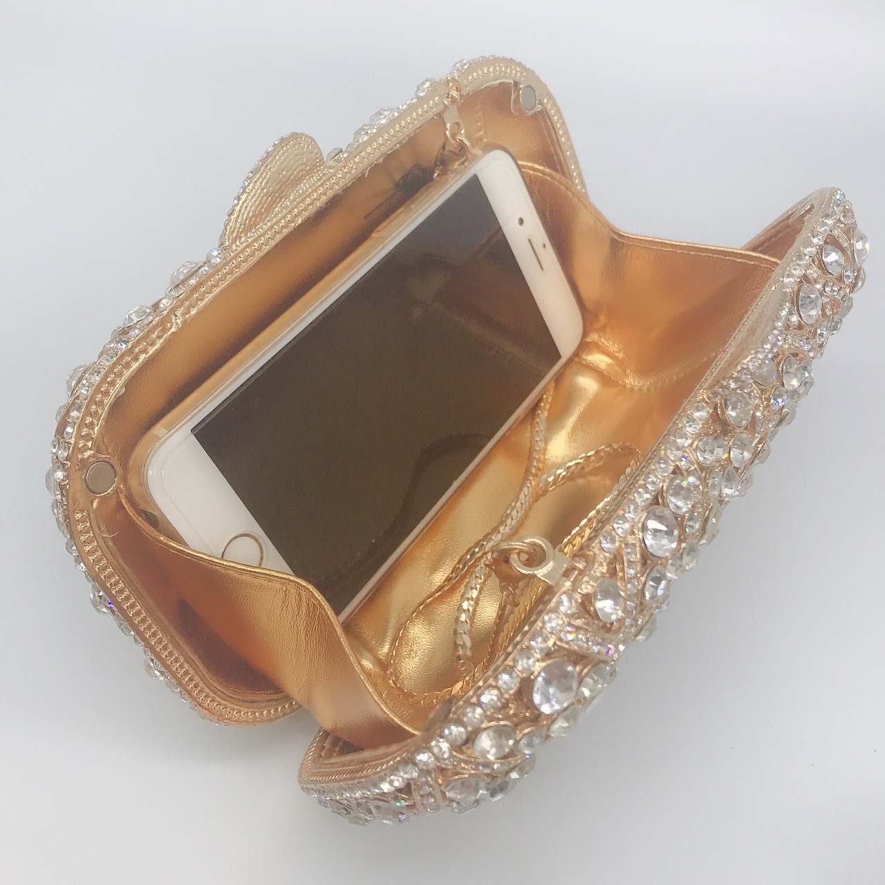 Túi clutch dạ hội nữ đính đá kim cương hộp cứng kim loại dây xích — Màu vàng chi tiết 5