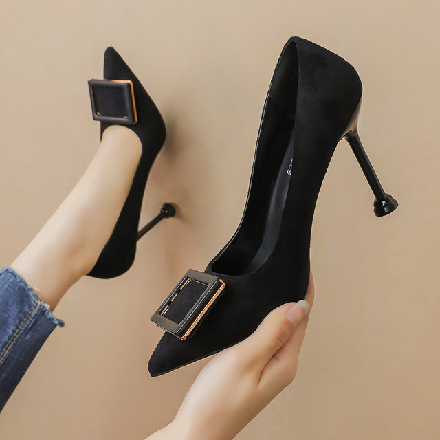 Fashion pointed shallow suede square button high heels sexy women’s shoes