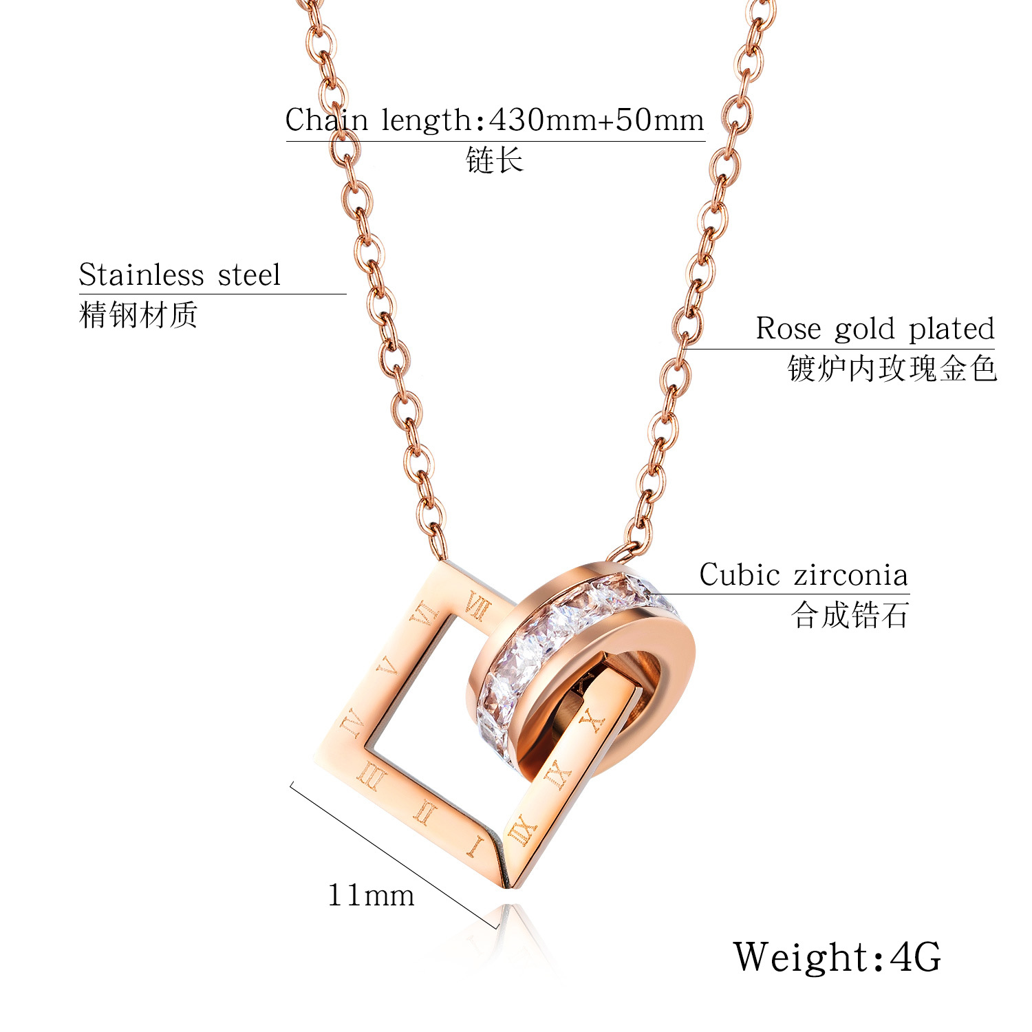 Heißer Verkauf Im Koreanischen Stil Doppel Ring Zirkon Anhänger Klassische Quadratische Römische Digitale Schlüsselbein Kette Damen Edelstahl Halskette display picture 1