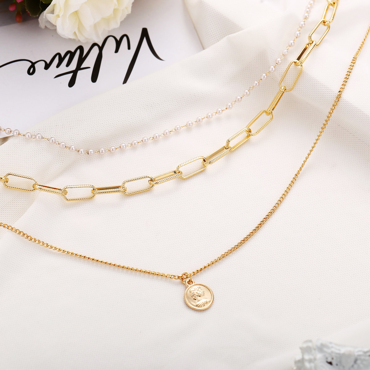 hot sale portrait seal pearl chain multilayer necklace creative retro alloy necklace wholesale nihaojewelrypicture7
