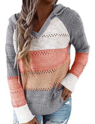 現貨 2020秋冬針織新款連帽毛衣 歐美爆款亞馬遜拼接三色毛衣6225