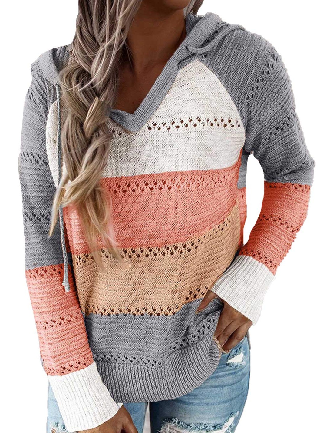 現貨 2020秋冬針織新款連帽毛衣 歐美爆款亞馬遜拼接三色毛衣6225