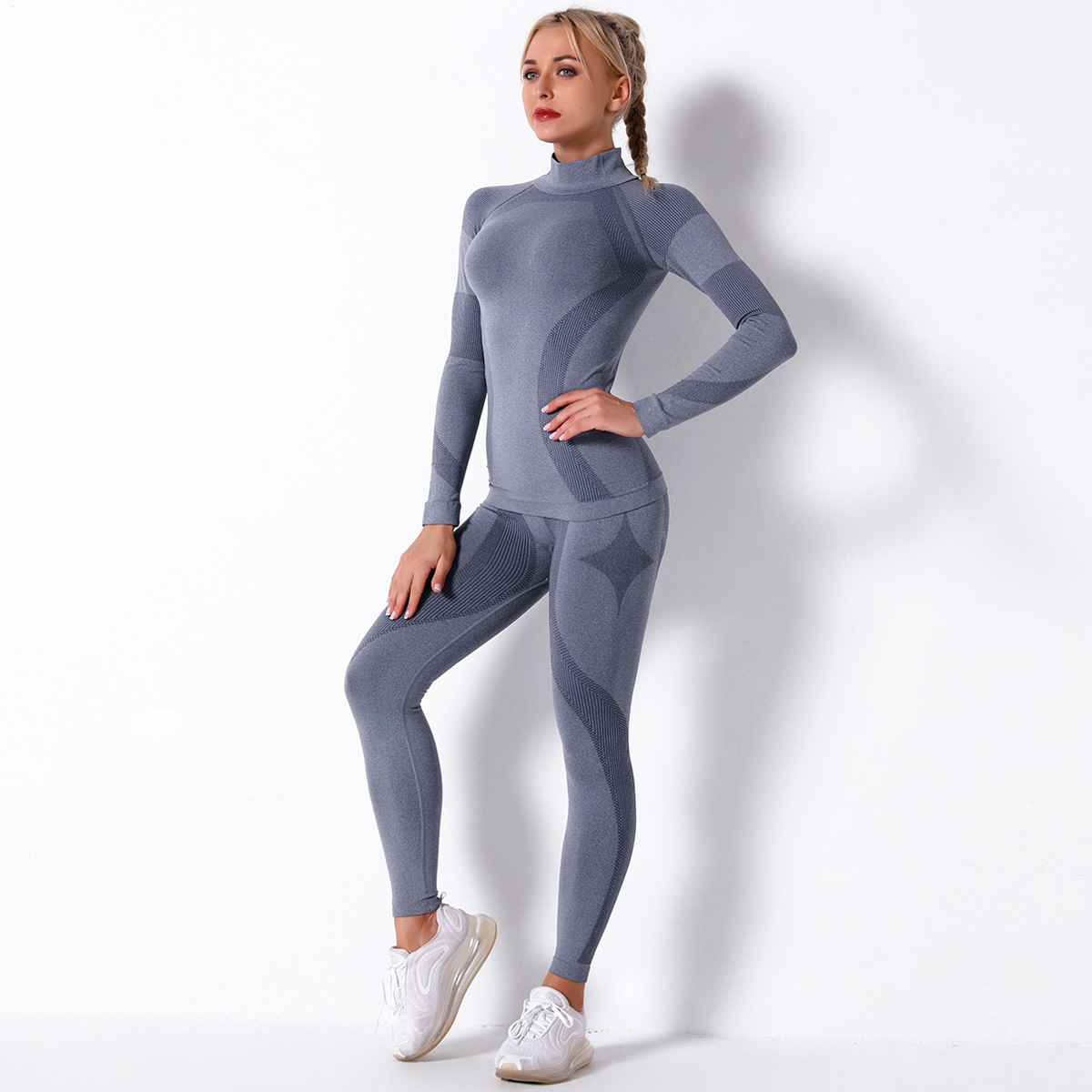 seamless knitted striped sports yoga long-sleeved two-piece suit  NSLX9020