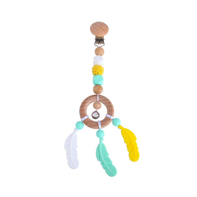 Bebé DIY creativo Beech anillo de juguete mordedor de dibujos animados pluma de silicona teether palo Pezón cadena anti-caída de la cadena Nuevo