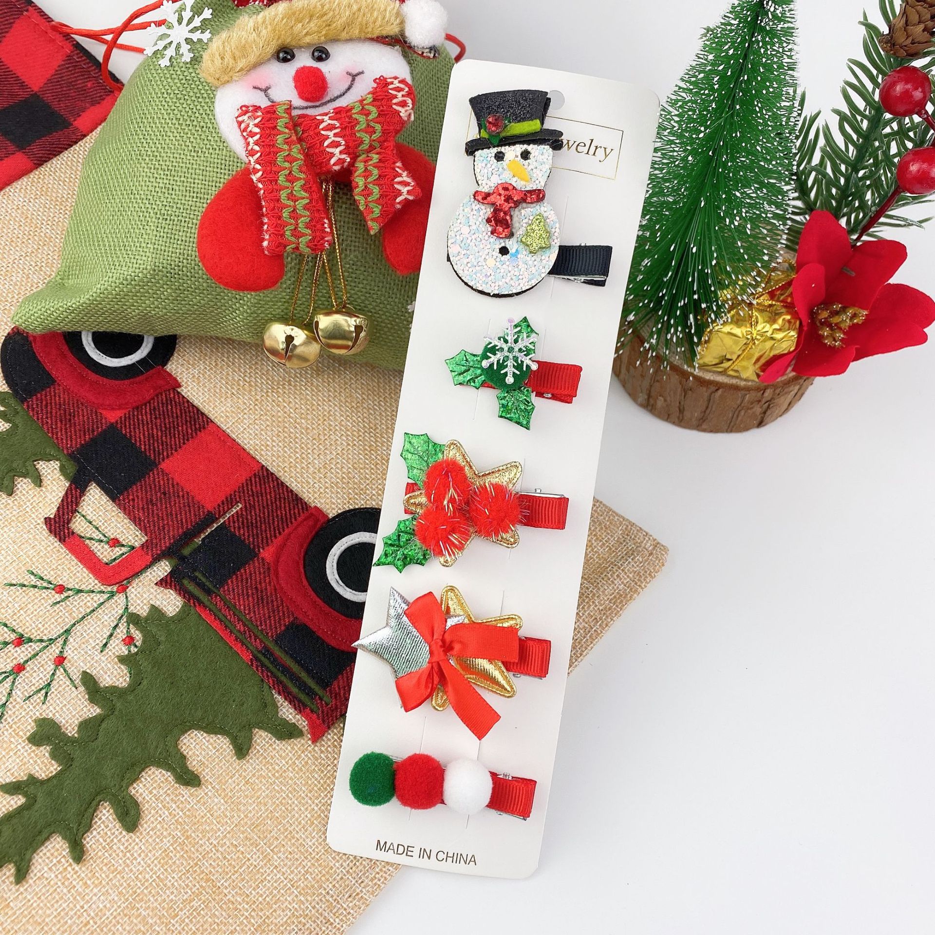 Cute Christmas Snowman Bow Tree Hairpin 5 Piece Set display picture 4