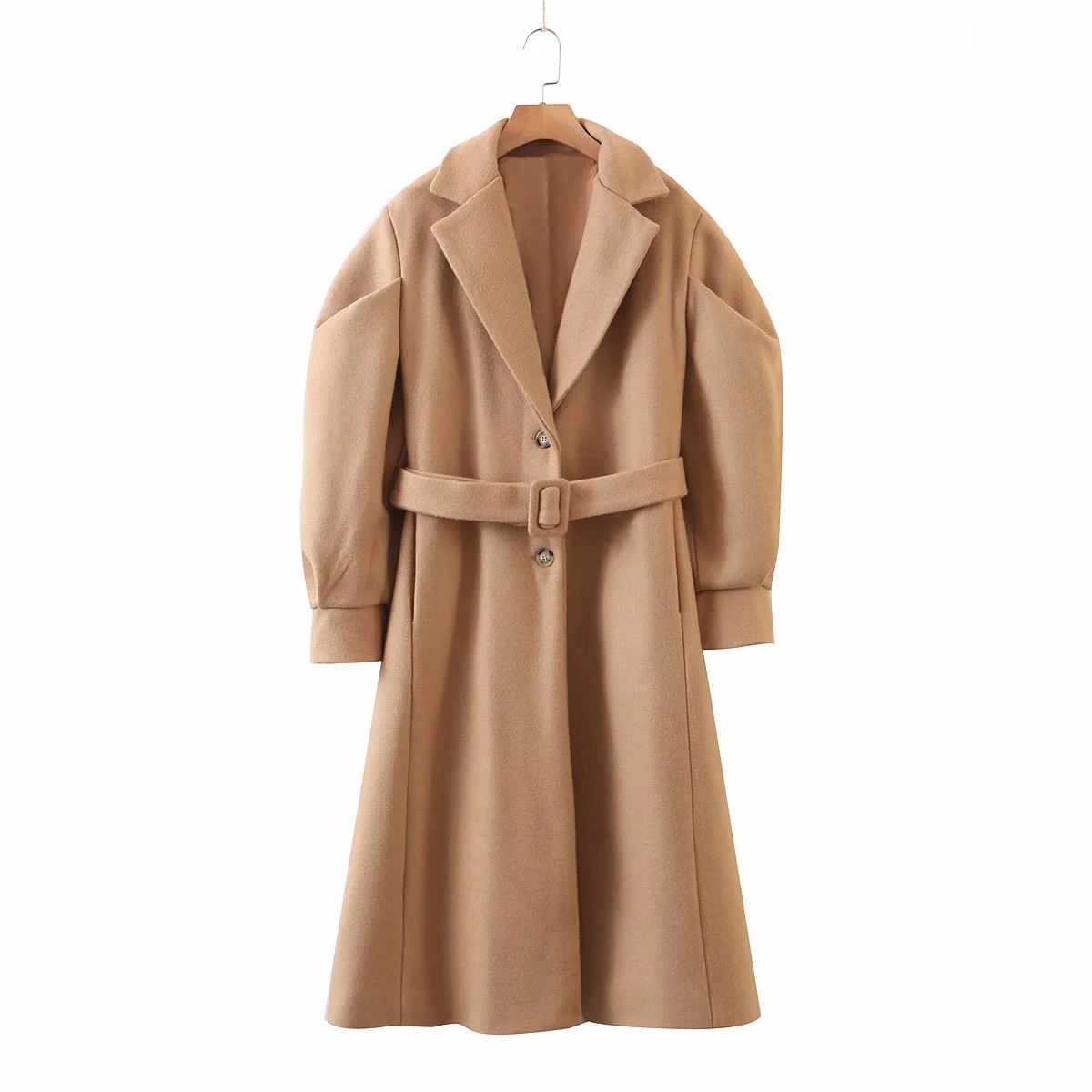 retro solid color puff sleeve belt waist long woolen coat NSZQW138124