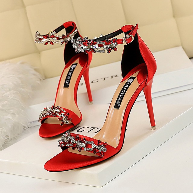 368-1 European and American Style Sexy banquet high heels women’s shoes thin heels high heels silk open toe Rhinestone w