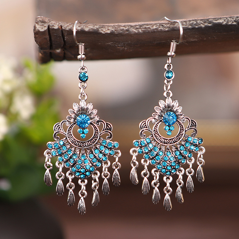 Fan-shaped Multi-layer Tassel Peacock Diamond Retro Alloy Earrings display picture 1