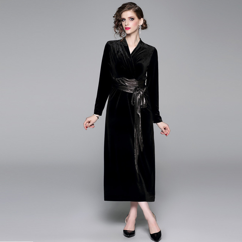 跨境秋冬连衣裙 2020 法式复古V领长袖拼接绑带收腰丝绒长裙女