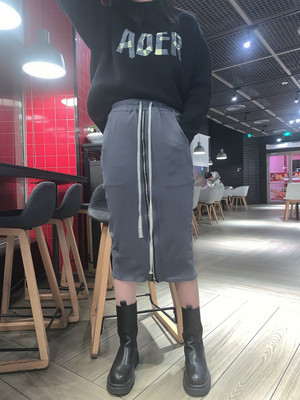 2021春新RO暗黑松紧腰拼接休闲后开叉抽绳中长款直筒半身裙子0359|ms