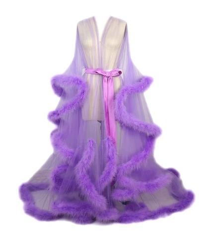 Sexy Lingerie Women's Sexy Feather Trumpet Sleeve Trailing Long Skirt Imitation Rex Rabbit Fur Sexy Nightdress Perspective Temptation Suit