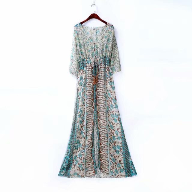 Aliexpress Summer Ethnic Style Retro Printed Three-Quarter Sleeve Elegant Long Skirt V Neck Slit Elastic Waist Dress