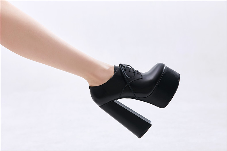Giày cao gót nữ mũi tròn đế xuồng platform dây buộc da bò siêu cao gót 14,5 cm — Màu đen da cừu lộn chi tiết 12