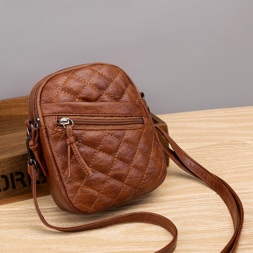 Crossbody bag women's small bag  new soft leather texture shoulder bag rhombus embroidery thread temperament multi-layer retro mobile phone bag