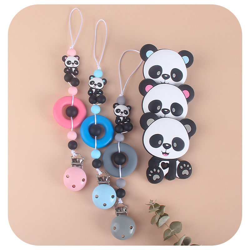Bebé mordedor juguete mordedor palo Panda de silicona chupete cadena anti-caída de la cadena Amazon caliente mordedor traje