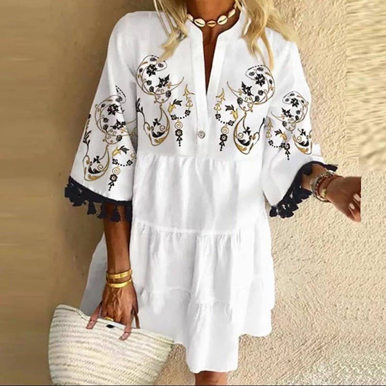 printed tassel V-neck short loose dress NSFH130992