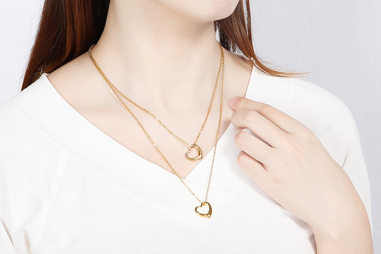 simple hollow heart-shaped double-layer necklace earrings stainless steel set wholesale nihaojewelry