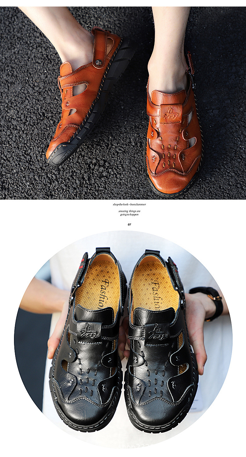 Cross-border genuine leather men's breathable large size 50 sandals, men's 49 massage sole, foreign trade cowhide beach shoes, casual men's slippers undefined