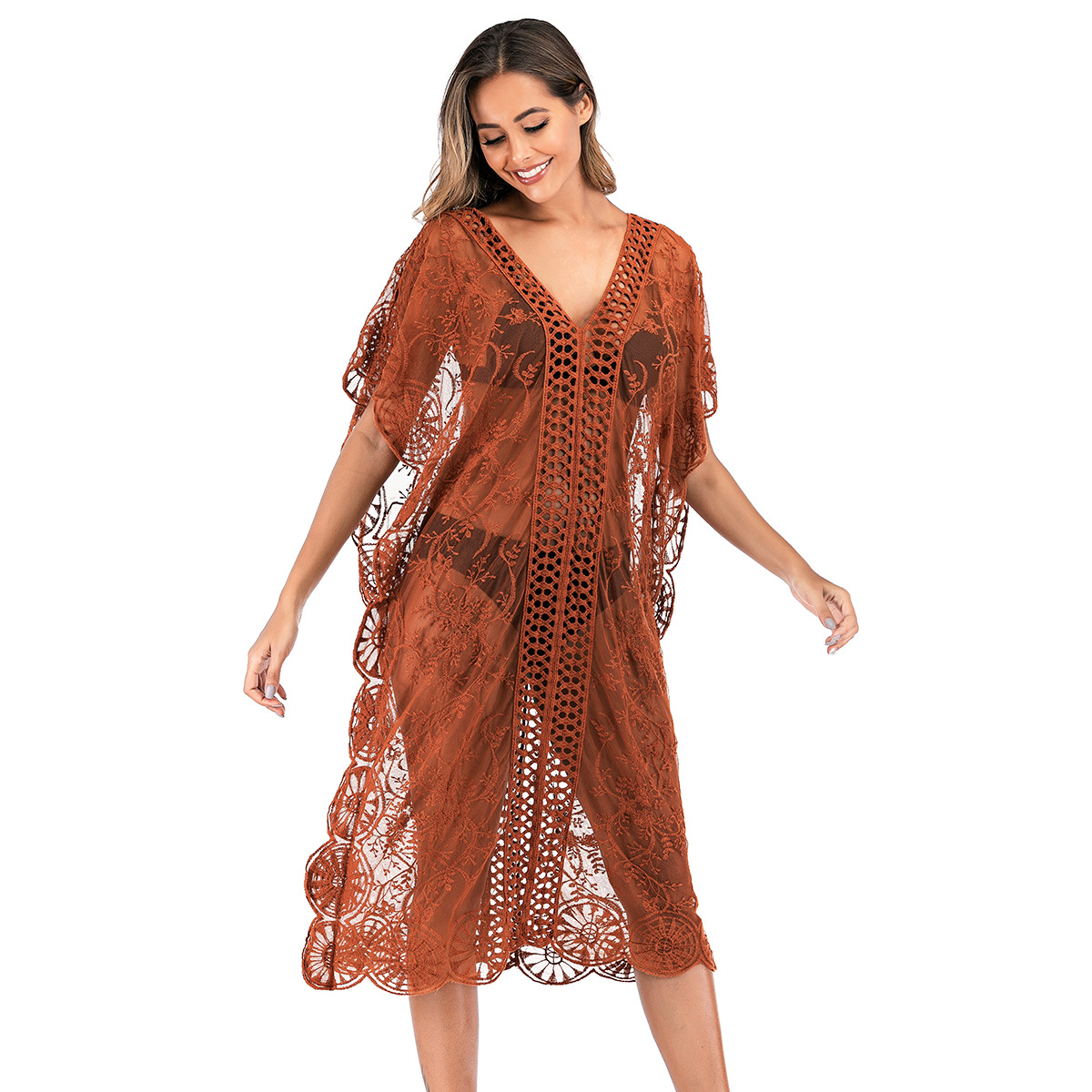 厂价直供跨境新款ins风格水溶绣花网布泳衣外搭沙滩罩衫