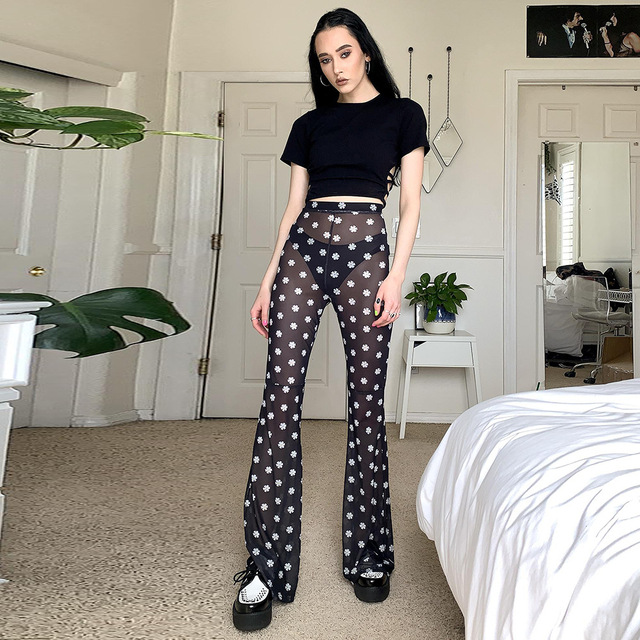 Fashion floral sexy perspective casual high waist flare pants