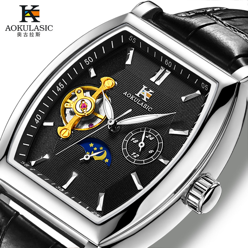 Ogulas K reloj mecánico automático para hombres hollow-out transparent bottom belt watch automático reloj 5002
