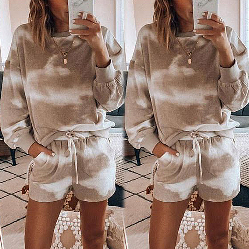 women's tie-dye printing casual long-sleeved shorts suit NSKX7780