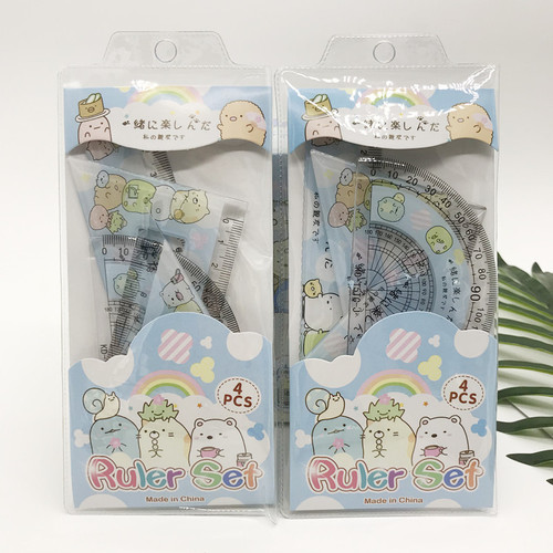 Cartoon student stationery set: corner ruler, protractor, triangle ruler, and straight ruler, four-piece set