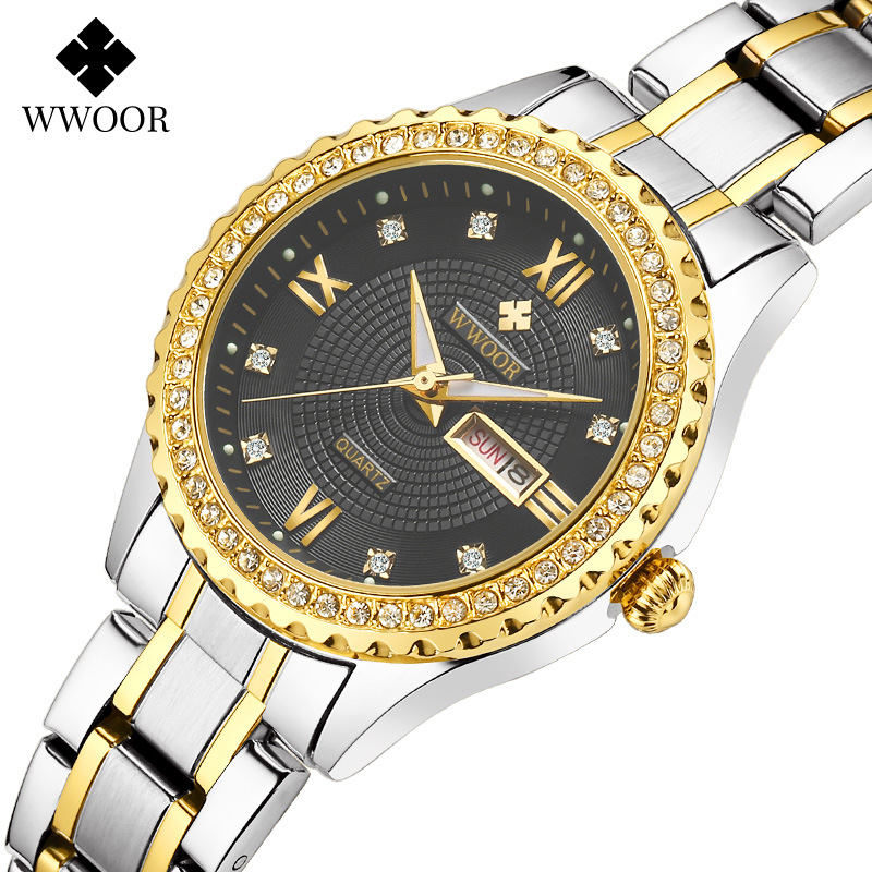 WWOOR Holding Love nueva pareja casual reloj de cuarzo para hombre calendario impermeable rhinestone reloj de moda para mujer 8856