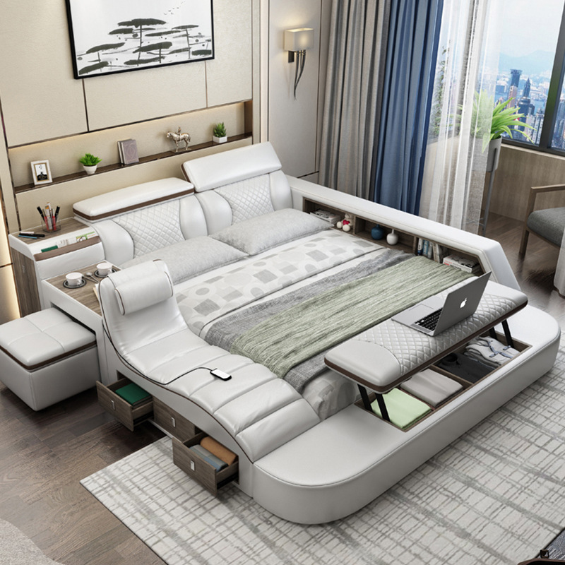 Factory Direct Supply Modern Minimalist Leather Bed Multifunctional Massage Wedding Bed Large House Plan Double Master Bedroom Tatami Bed