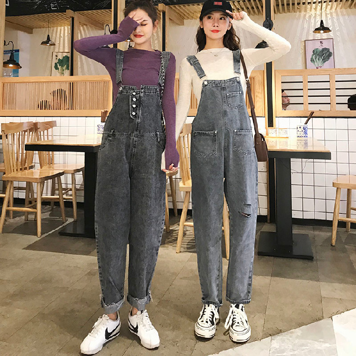 网红牛仔背带裤2020新款韩版宽松显瘦直筒裤泫雅老爹九分裤女|ru