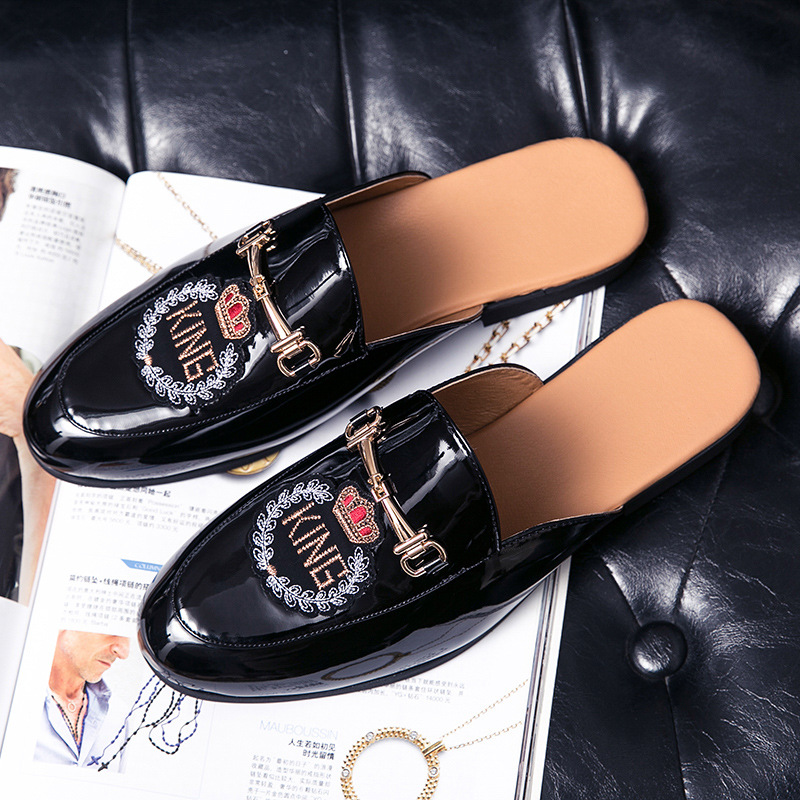2021 Spring/Summer New Loafers Shiny Leather Half Slippers Trendy Breathable Casual Men's Shoes Fashion Embroidery_vogvips.com