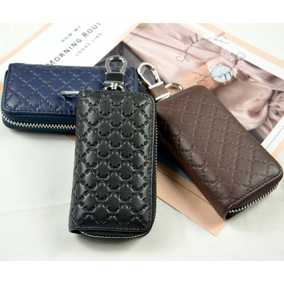Top-layer cowhide door key holder, genuine leather crocodile-head design, trendy zippered car key case compatible with most vehicles