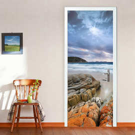 创意3D门贴翻新自粘贴纸装饰卧室客厅墙贴门贴海岛海岩跨境货源