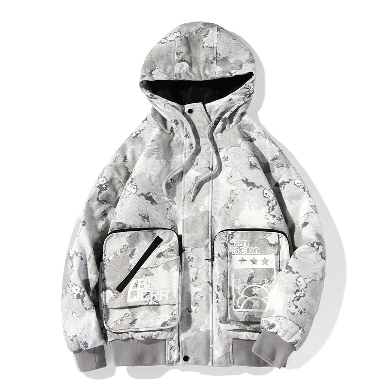 秋冬男装迷彩字母印花多口袋宽松拉链纽扣防风立领连帽棉服外套潮