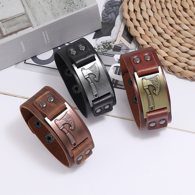 Viking Tomahawk Leather Retro Simple Punk Menu0027s Locomotive Wide Leather Bracelet wholesale nihao