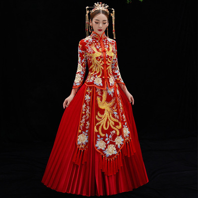 秀禾服新娘2021新款金色凤冠霞帔中式结婚旗袍敬酒服婚纱礼服嫁衣|ru