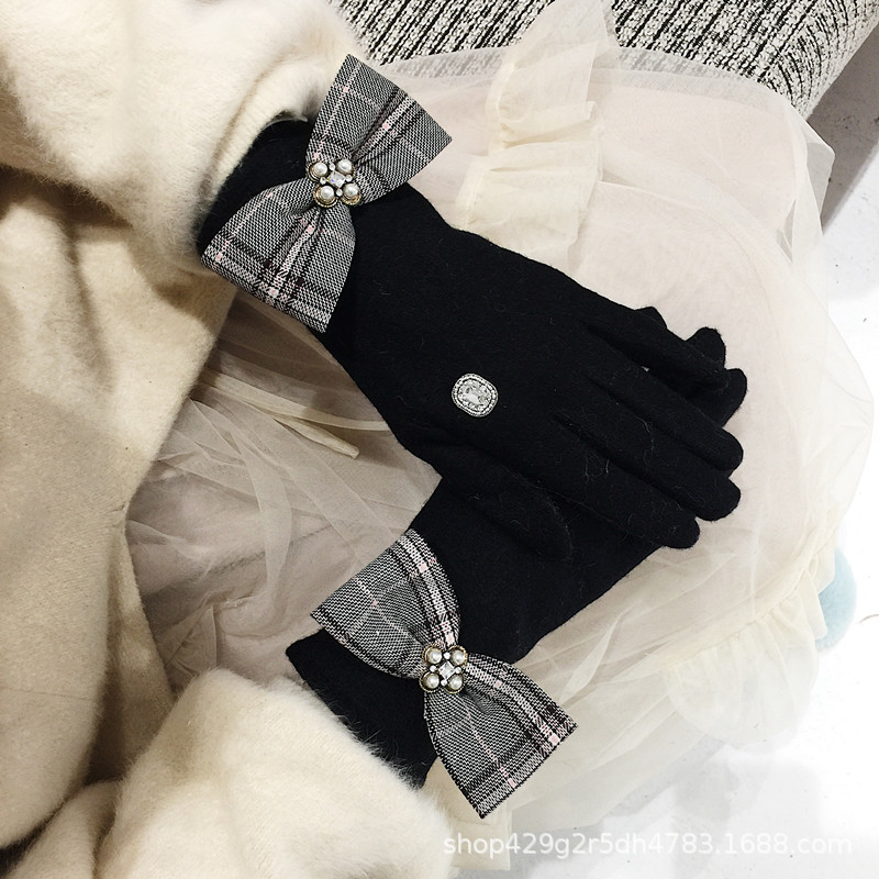 2020 Jesień/Zima Nowe Podzielone Palce Cookie Brytyjski Wzór Kokarda Styl Wełna Kaszmir Rękawiczki dla Kobiet_voghion.com