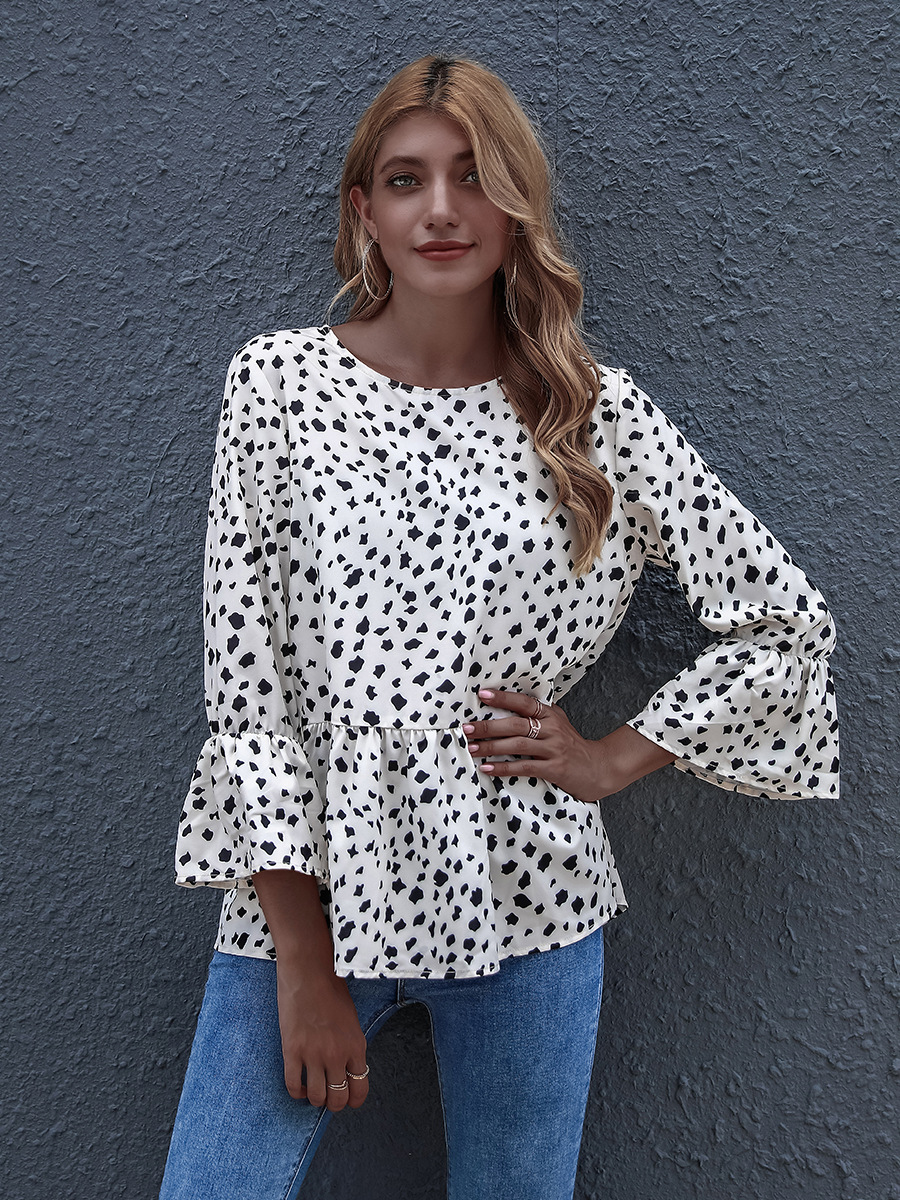 hot sale autumn black dot printing round neck blouse loose ruffled  NSAL1909