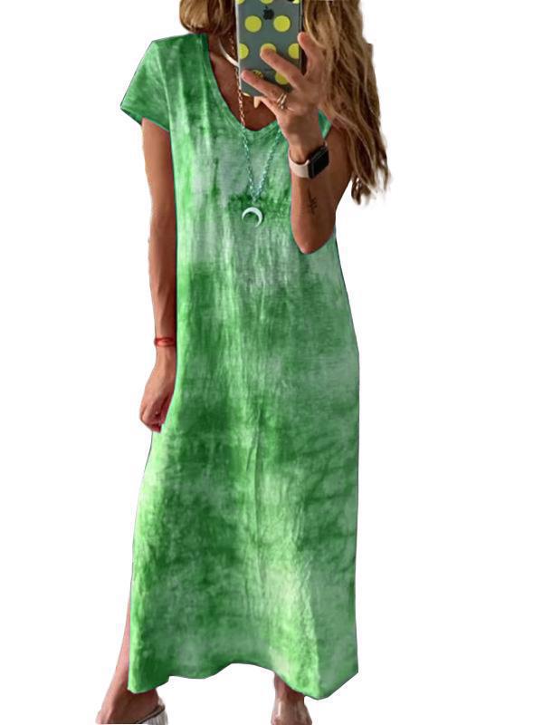 Tie-Dye Short-Sleeved V-Neck Slit Dress NSYHY106384