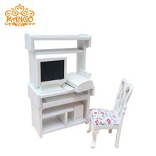 1:12娃娃屋dollhouse迷你家具模型办公场景 电脑桌全套和转椅木质