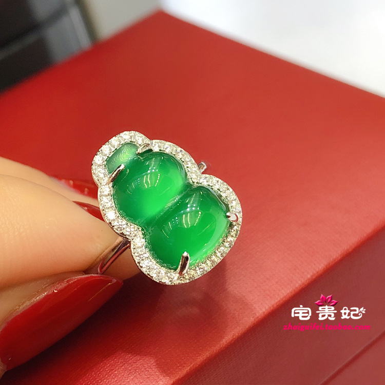 S925通体银镶冰种绿玉髓葫芦戒指女玉石戒指活口指环可调节