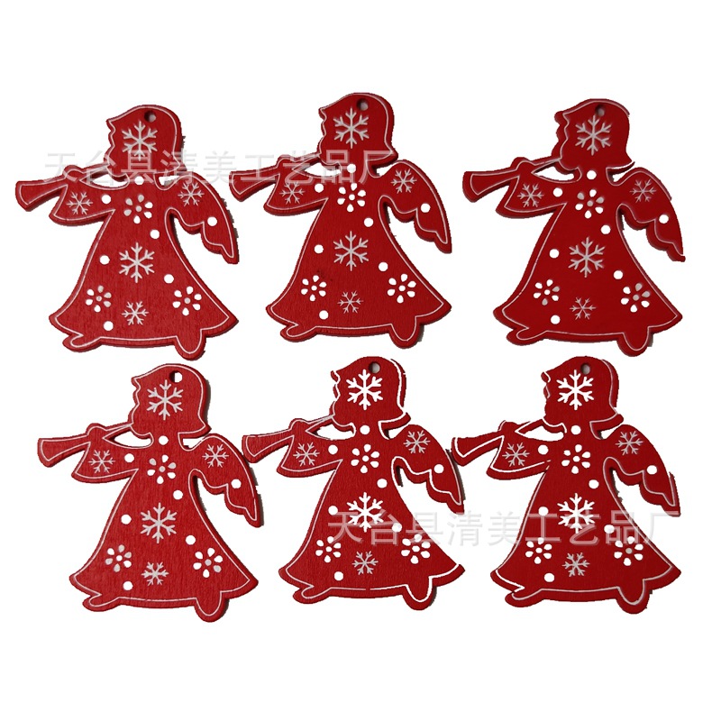 Colgante de dibujos animados navideños de madera de bricolaje de la serie navideña pintada roja 10 piezas en un paquete con 10 cuerdas de cáñamo