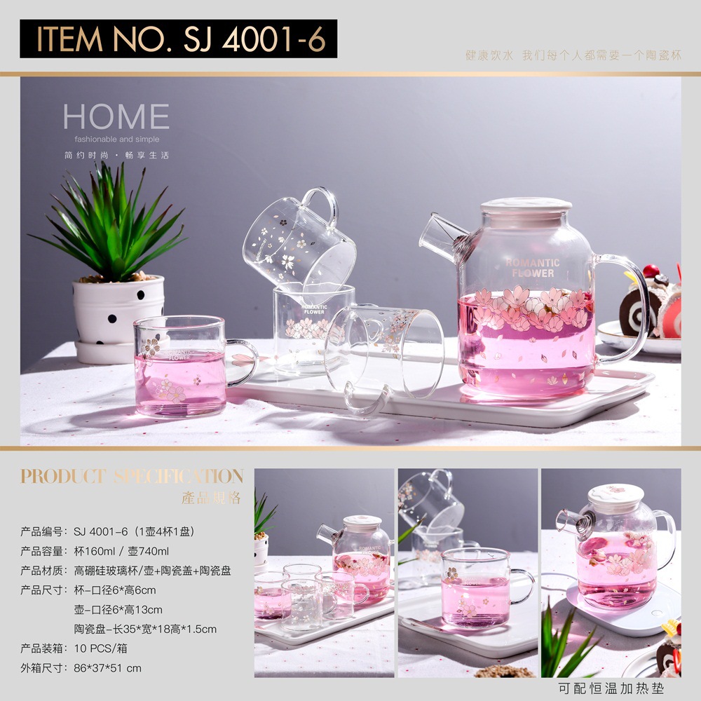 Jarra de agua transparente con diseño de flor de cerezo, resistente a altas temperaturas, juego de vasos de vidrio de borosilicato para bebidas frías. image 1