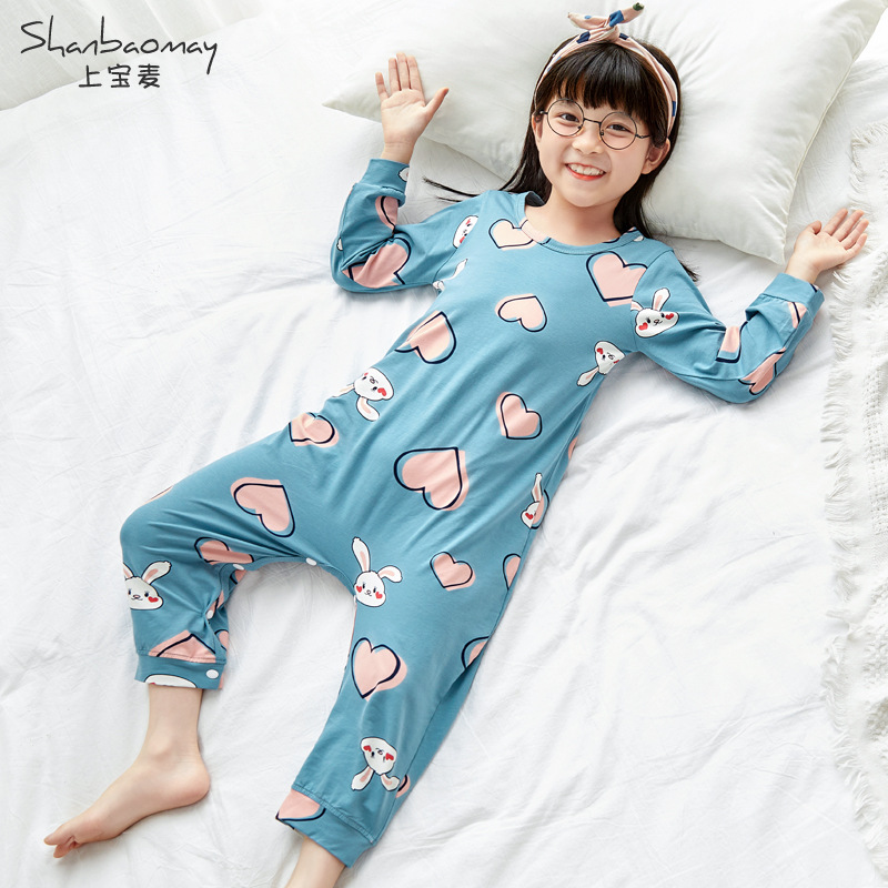 SHANGBAOMAI 봄 가을 신작 아동 원피스 잠옷, 여아 잠옷, 긴팔 원피스 잠옷, 가정복, 발길질 방지 및 감기 예방