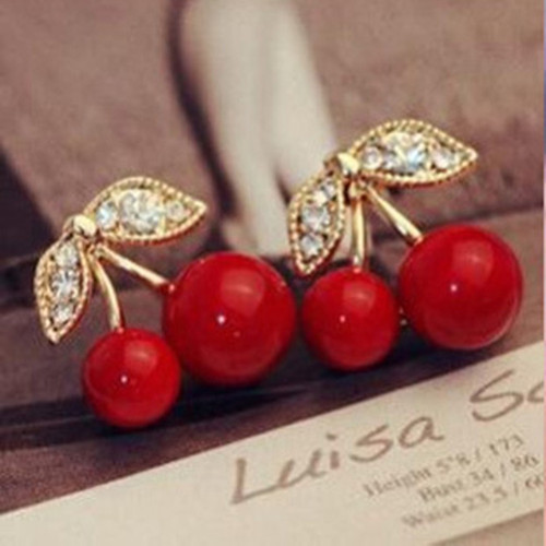 韩国饰品女士防过敏耳钉红樱桃耳环小众设计高级感耳坠镶钻耳饰
