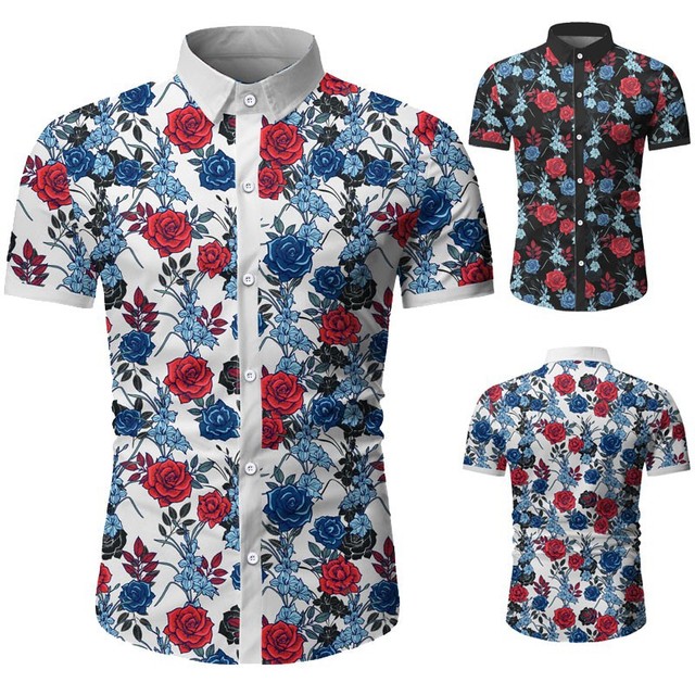 Men’s Lapel Casual Short Sleeve slim Floral Shirt