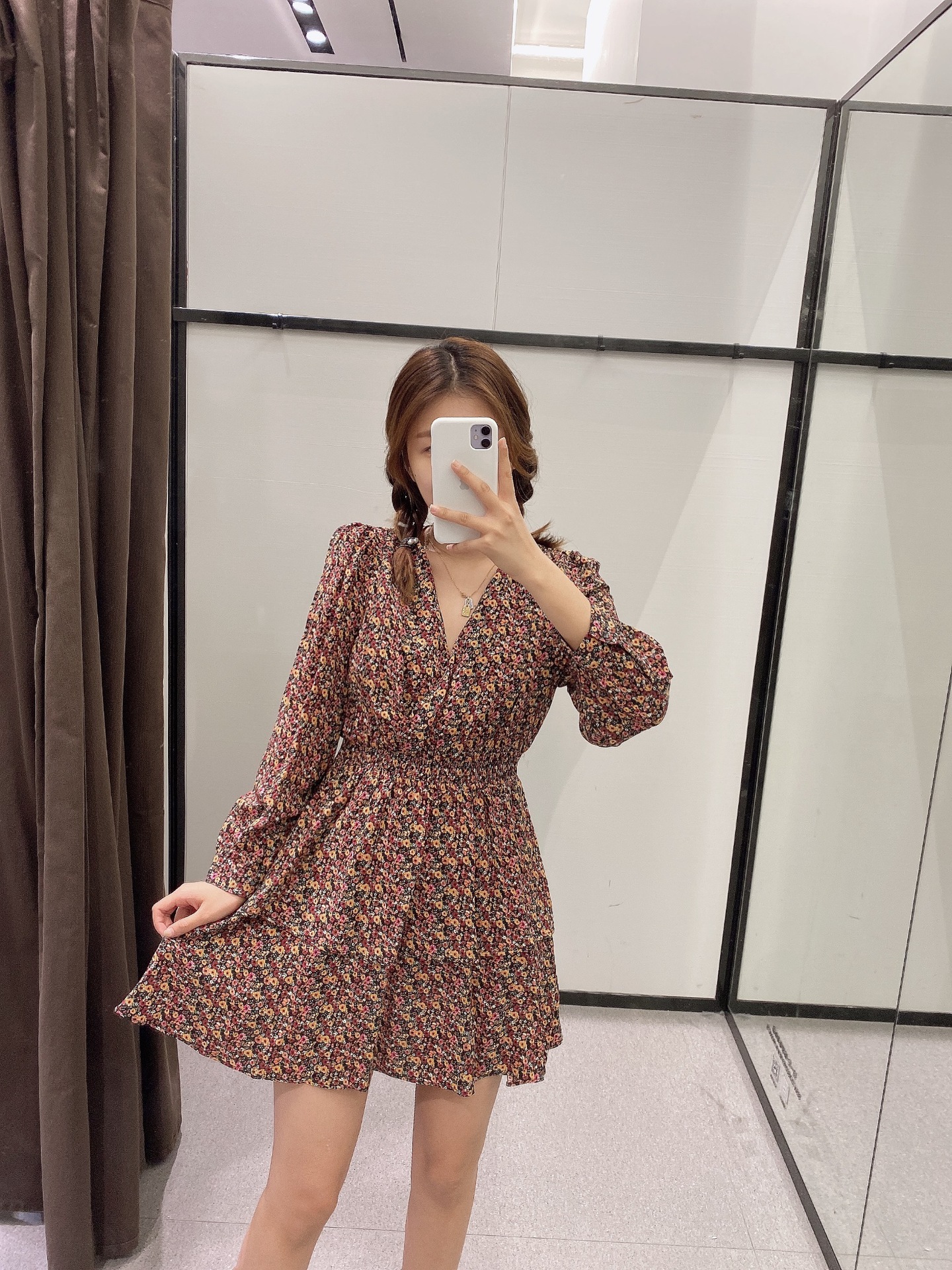  autumn printed mini V-neck dress  NSAM3090